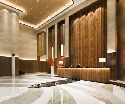 3d rendering grand luxury hotel reception hall and lounge restaurant with high ceiling